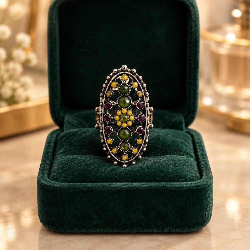 Boho Vintage Style Earthy Floral Statement Ring
